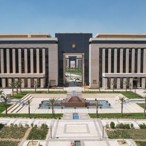 Egyptian Ministry of Foreign Affairs building in the New Administrative Capital Ministries District, featuring a water feature.