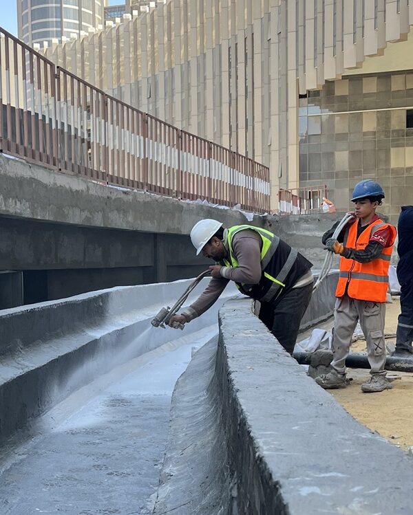 Polyurea waterproofing being applied to a concrete surface by Target Engineering - Egypt