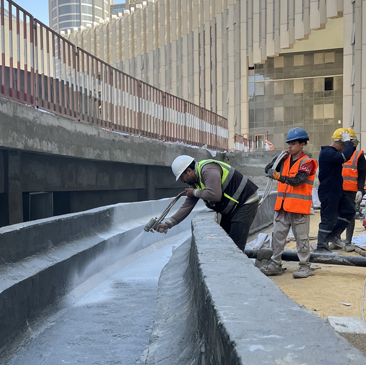Polyurea waterproofing being applied to a concrete surface by Target Engineering - Egypt