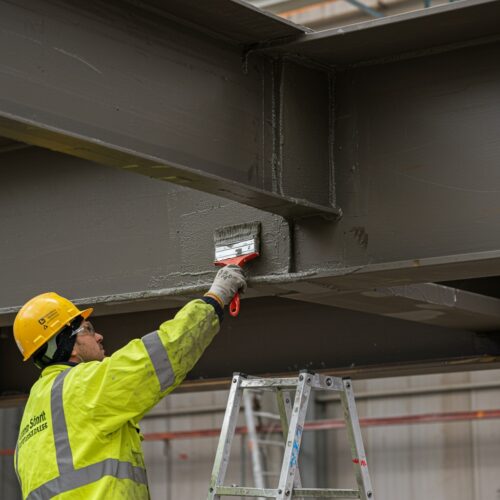 Steel Structure Fireproofing Application Worker applying intumescent fireproofing paint to a steel I-beam in a construction site, showcasing fire protection services by Target Engineering in Egypt, UAE, and Morocco.