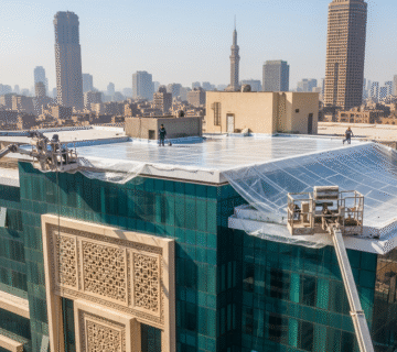 Modern building receiving advanced waterproofing treatment for structural protection.