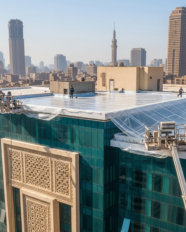 Modern building receiving advanced waterproofing treatment for structural protection.