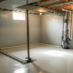 Dry, professionally waterproofed basement with visible drainage system.