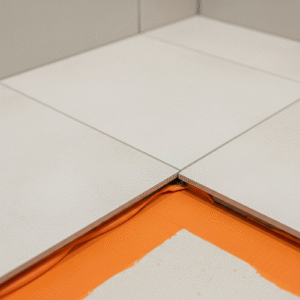 Waterproofing membrane applied to a bathroom floor and wall before tiling.