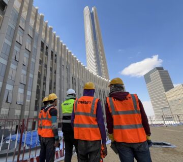 Target Engineering certified technicians applying Krypton Chemical polyurea and EPDM joint insulation at Iconic Tower, Egypt's New Administrative Capital
