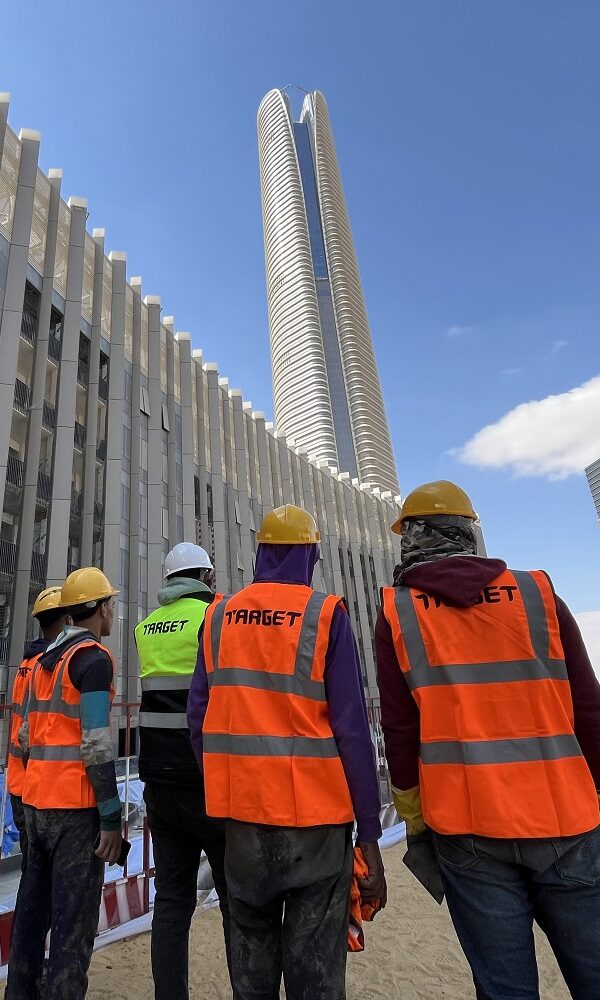 Target Engineering certified technicians applying Krypton Chemical polyurea and EPDM joint insulation at Iconic Tower, Egypt's New Administrative Capital