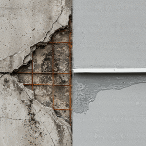 Contrast of water-damaged building structure versus a protected, intact foundation.