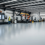A wide-angle shot of a clean, modern factory floor with a smooth, light-gray self-leveling polyurea coating. The floor has no visible seams and reflects the overhead fluorescent lights. In the background, there is a person in a safety vest and hard hat standing near large CNC machines and robotic arms.