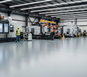 A wide-angle shot of a clean, modern factory floor with a smooth, light-gray self-leveling polyurea coating. The floor has no visible seams and reflects the overhead fluorescent lights. In the background, there is a person in a safety vest and hard hat standing near large CNC machines and robotic arms.
