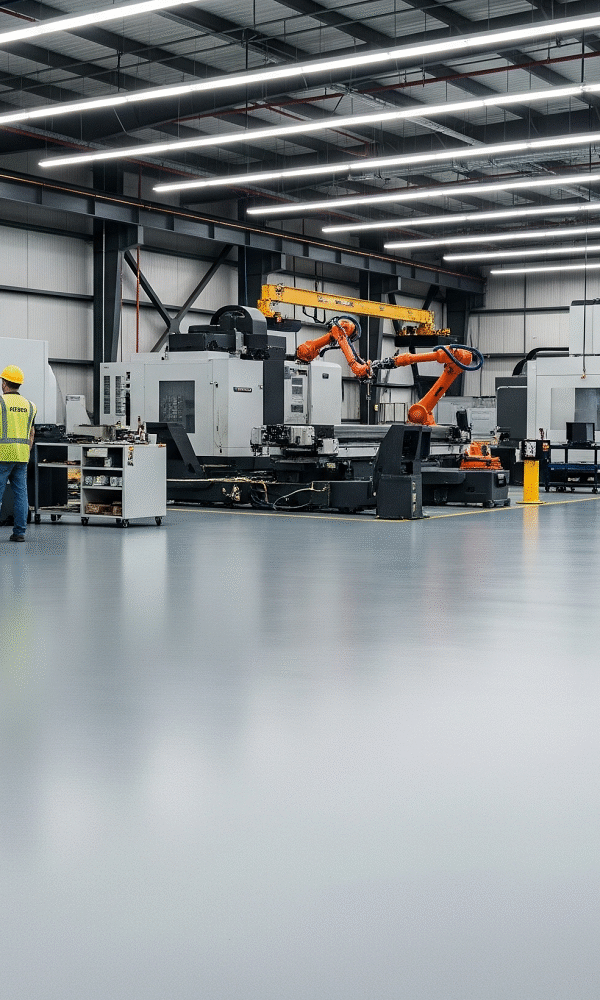 A wide-angle shot of a clean, modern factory floor with a smooth, light-gray self-leveling polyurea coating. The floor has no visible seams and reflects the overhead fluorescent lights. In the background, there is a person in a safety vest and hard hat standing near large CNC machines and robotic arms.