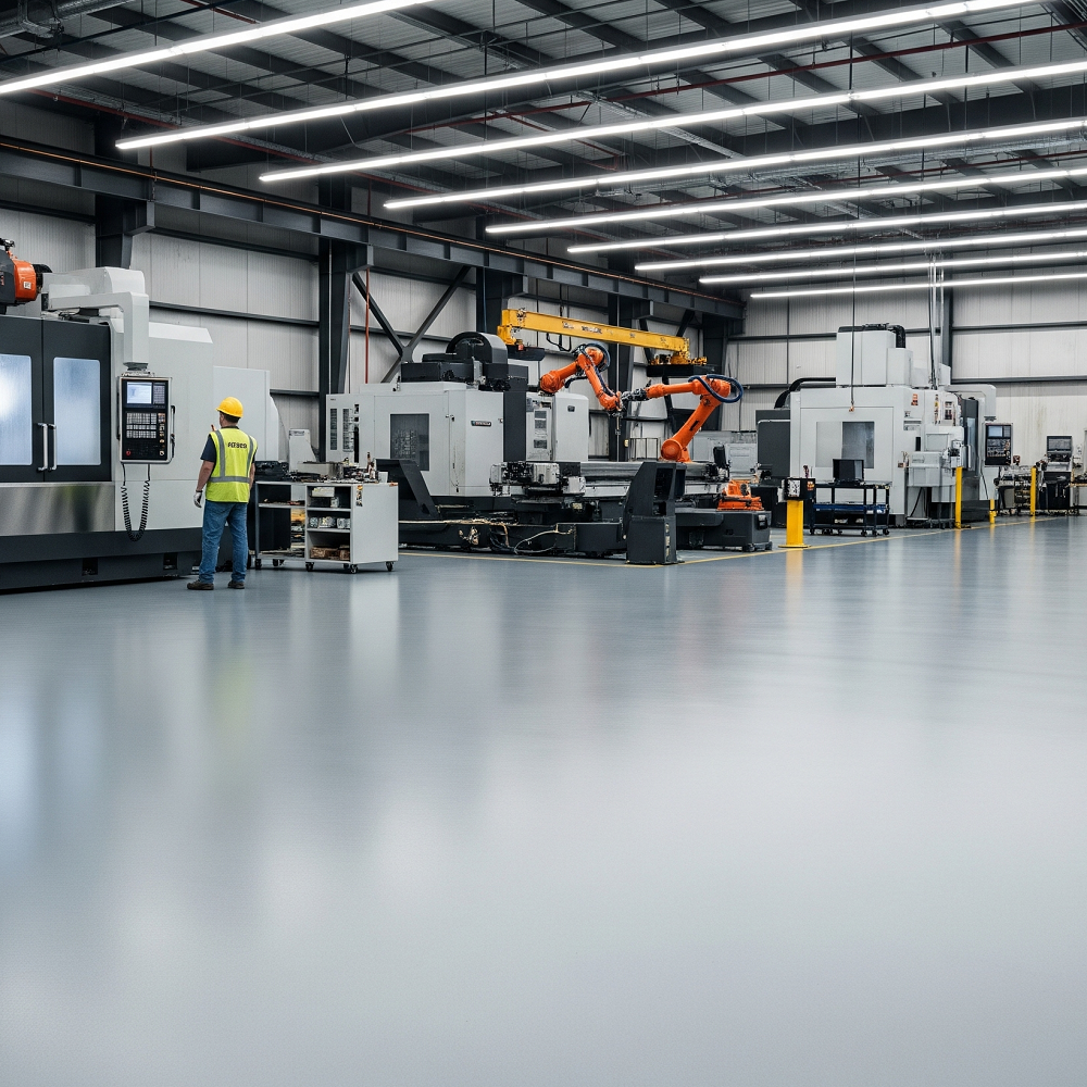 A wide-angle shot of a clean, modern factory floor with a smooth, light-gray self-leveling polyurea coating. The floor has no visible seams and reflects the overhead fluorescent lights. In the background, there is a person in a safety vest and hard hat standing near large CNC machines and robotic arms.
