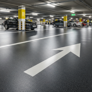 A modern parking garage with a dark gray, non-slip self-leveling polyurea floor. The floor has white lane markings and a large, painted white arrow pointing forward. In the background, a few cars are parked in their spaces.