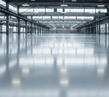 A vast, polished concrete floor stretches across a massive, empty industrial space with high ceilings and exposed beams. The floor's pristine surface reflects the light, creating a mirror-like sheen that emphasizes the precision of the laser finishing.