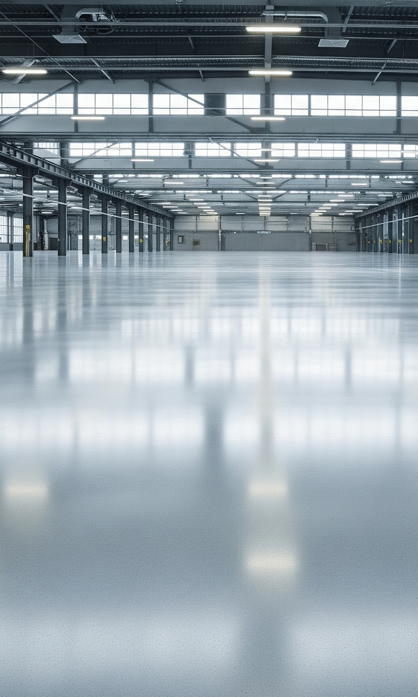 A vast, polished concrete floor stretches across a massive, empty industrial space with high ceilings and exposed beams. The floor's pristine surface reflects the light, creating a mirror-like sheen that emphasizes the precision of the laser finishing.