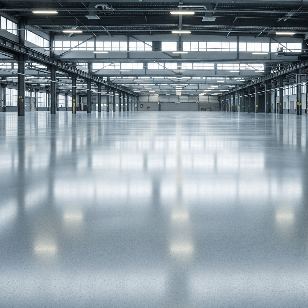 A vast, polished concrete floor stretches across a massive, empty industrial space with high ceilings and exposed beams. The floor's pristine surface reflects the light, creating a mirror-like sheen that emphasizes the precision of the laser finishing.