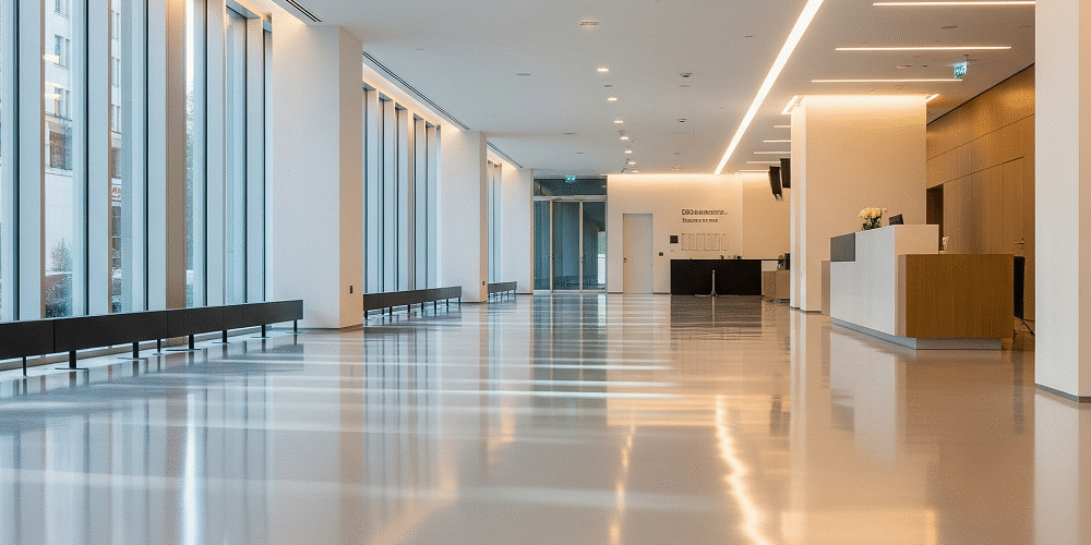 aromatic-aliphatic-polyurethane-services-target-engineering A seamless, reflective polyurethane floor in a modern lobby, highlighting the advanced flooring solutions of Target Engineering