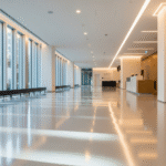 A seamless, reflective polyurethane floor in a modern lobby, highlighting the advanced flooring solutions of Target Engineering