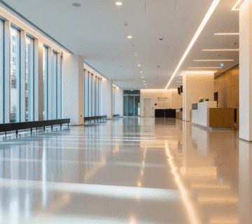A seamless, reflective polyurethane floor in a modern lobby, highlighting the advanced flooring solutions of Target Engineering