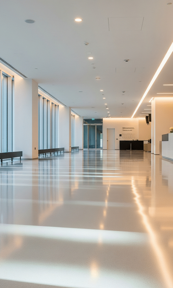 A seamless, reflective polyurethane floor in a modern lobby, highlighting the advanced flooring solutions of Target Engineering