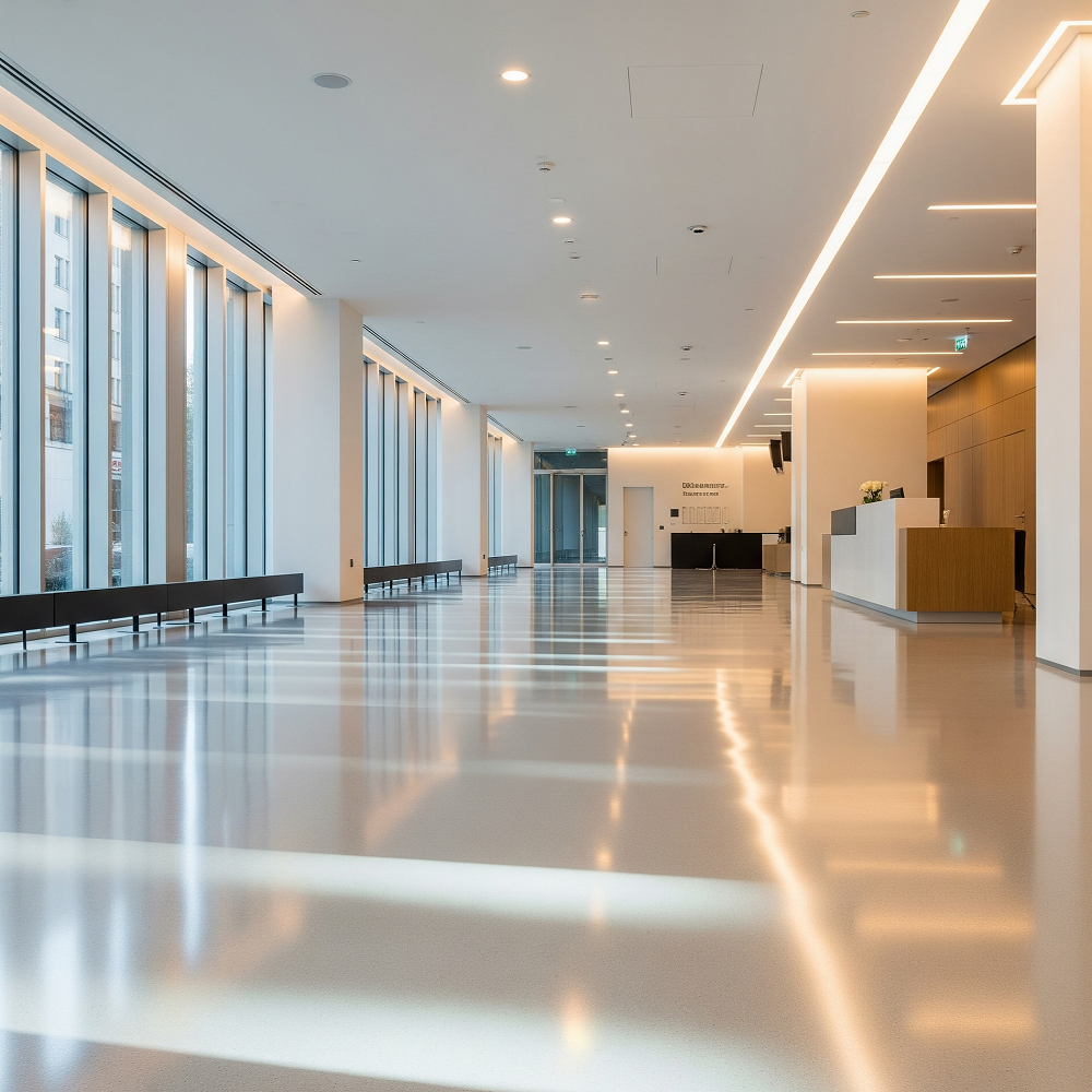 A seamless, reflective polyurethane floor in a modern lobby, highlighting the advanced flooring solutions of Target Engineering