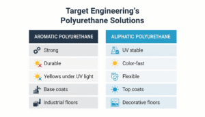 Infographic comparing Aromatic vs. Aliphatic polyurethane properties and uses by Target Engineering.