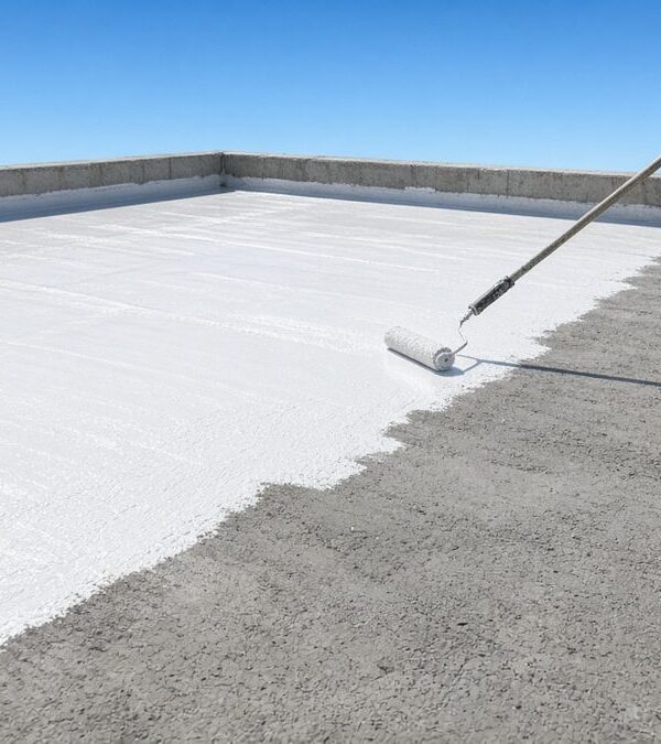 Rolling a white acrylic roof coating onto a concrete roof