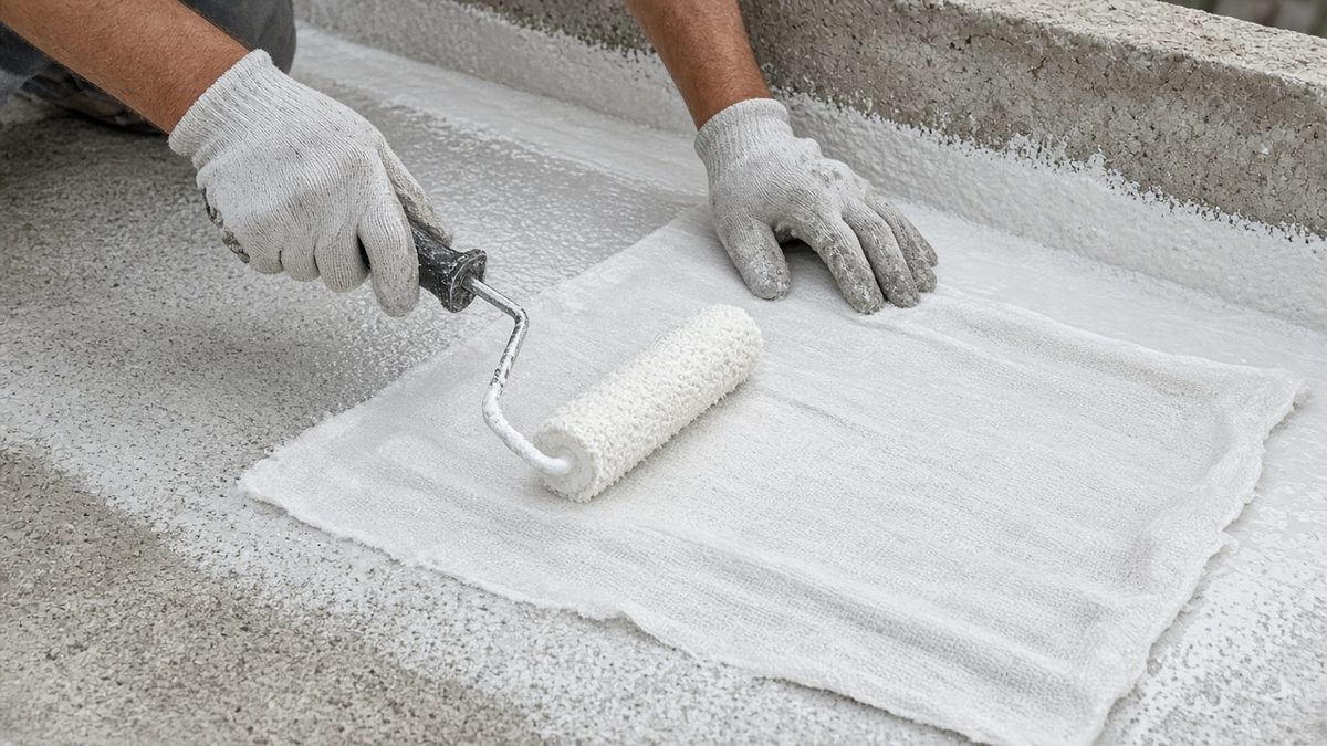 Embedding reinforcing fleece into a wet acrylic roof coating