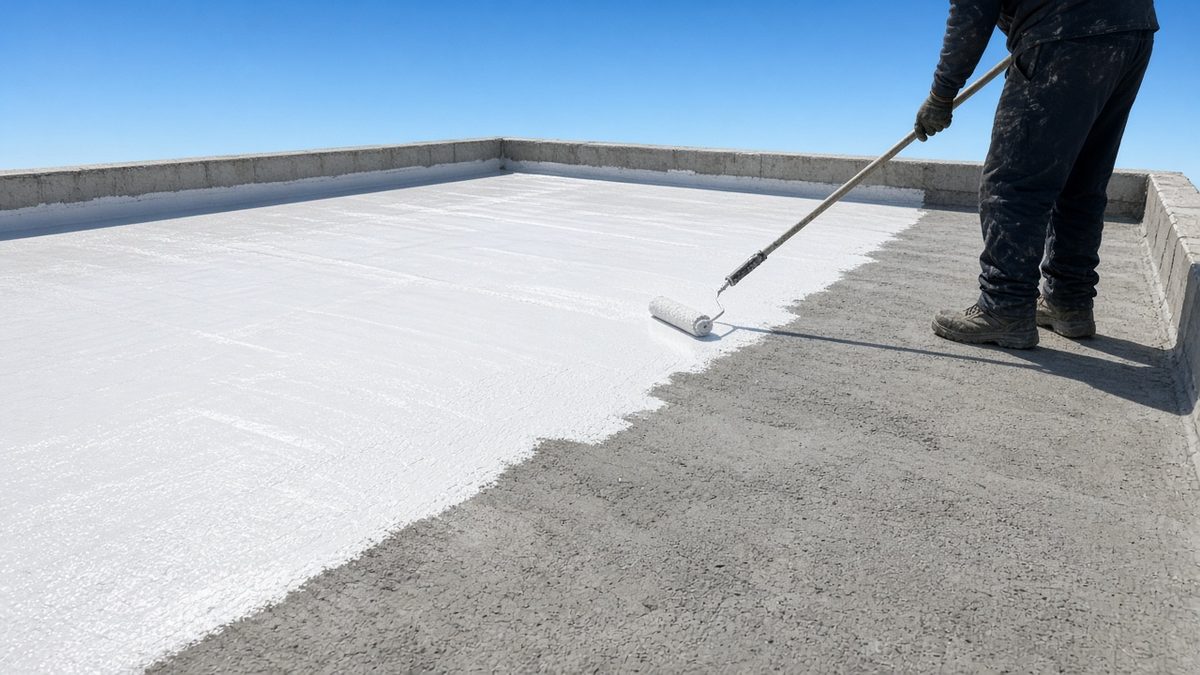 Rolling a white acrylic roof coating onto a concrete roof