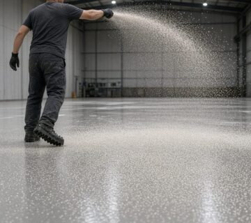 Anti-slip flooring being made by broadcasting quartz sand into wet resin