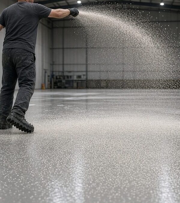 Anti-slip flooring being made by broadcasting quartz sand into wet resin