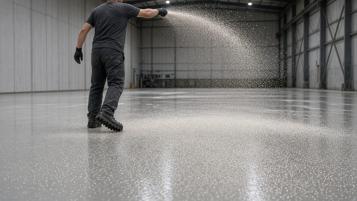 Anti-slip flooring being made by broadcasting quartz sand into wet resin