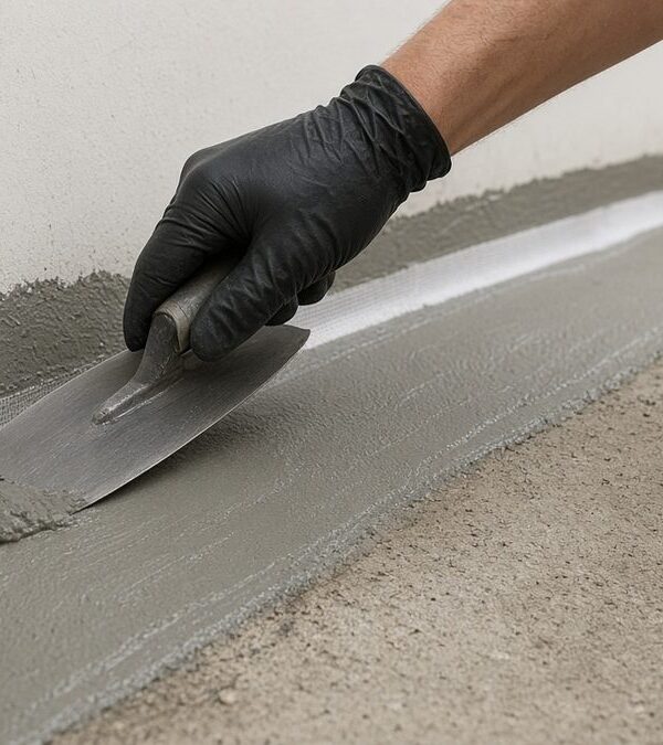 Bathroom waterproofing with flexible cementitious slurry spread by trowel over reinforcing tape at the floor-wall corner