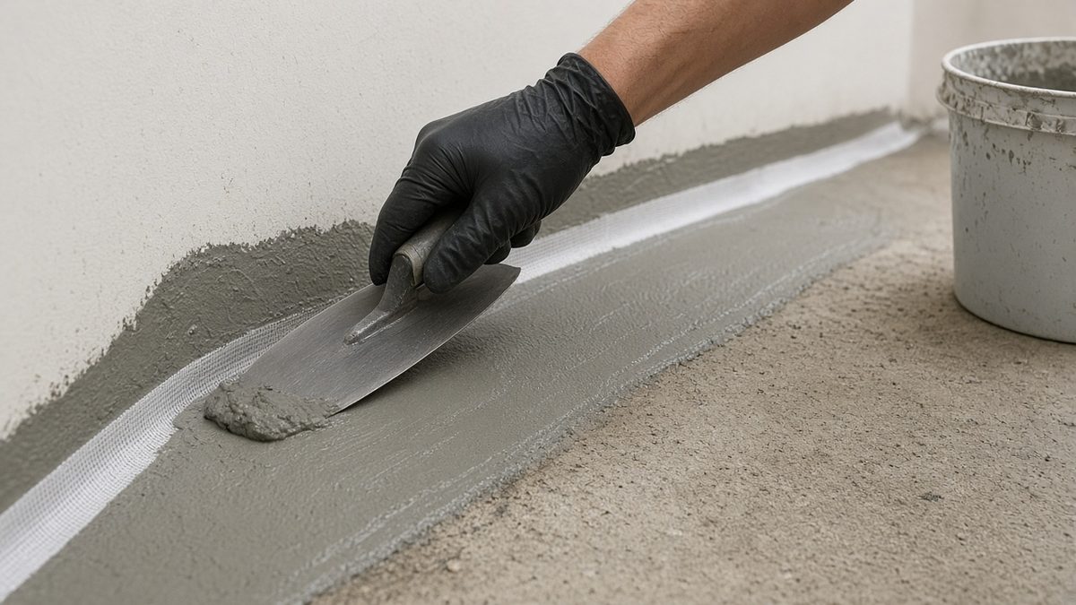 Bathroom waterproofing with flexible cementitious slurry spread by trowel over reinforcing tape at the floor-wall corner
