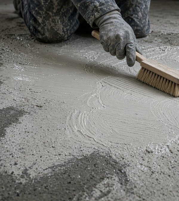 Crystalline waterproofing slurry brushed onto a damp concrete floor