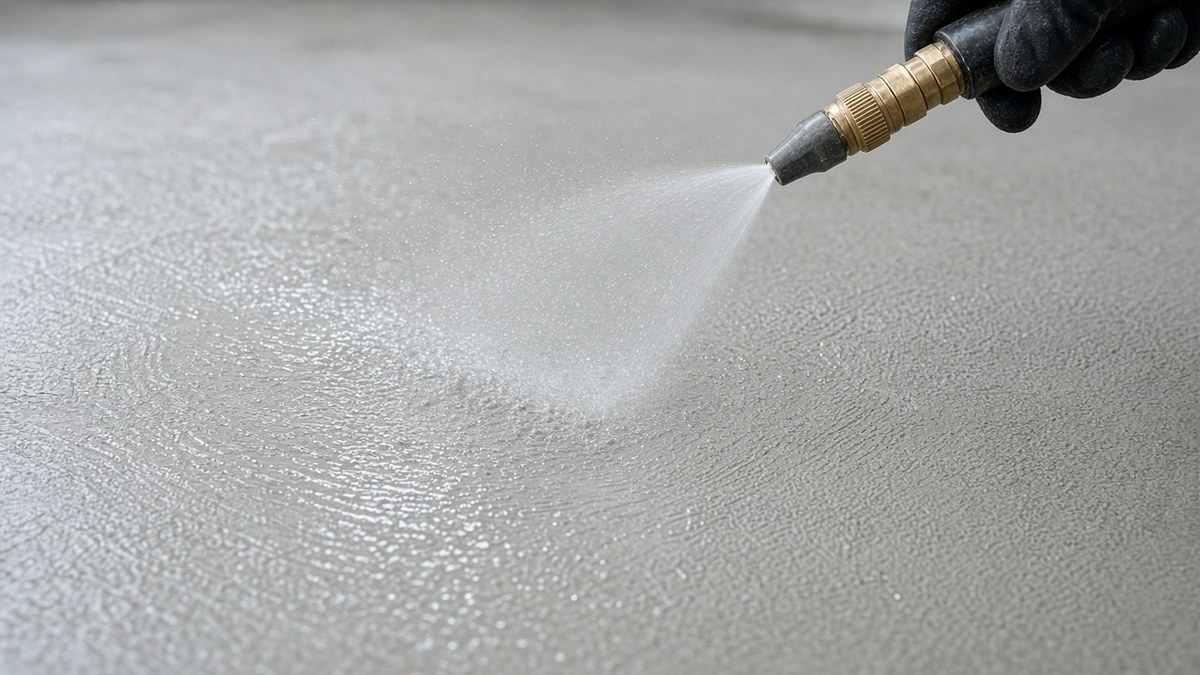 Misting water on a concrete floor for moist curing after crystalline waterproofing