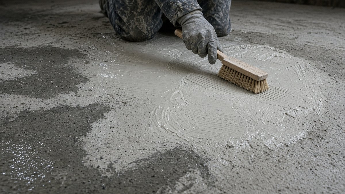 Crystalline waterproofing slurry brushed onto a damp concrete floor