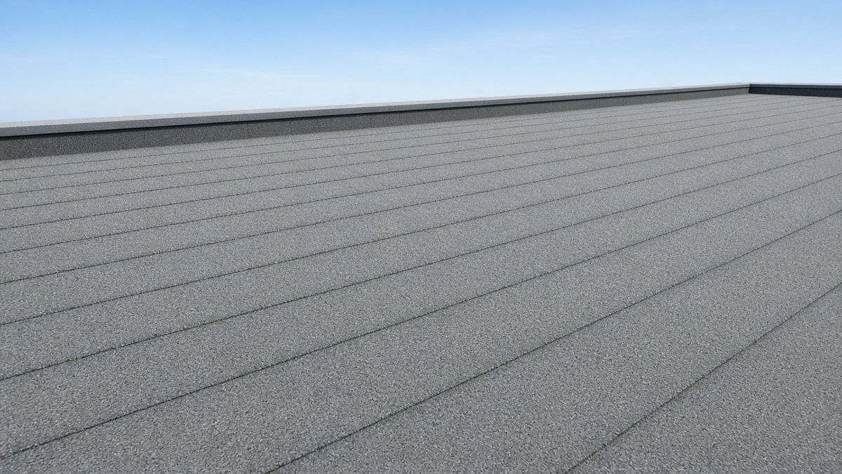 Grey mineral-slated exposed roof membrane installed on a flat roof