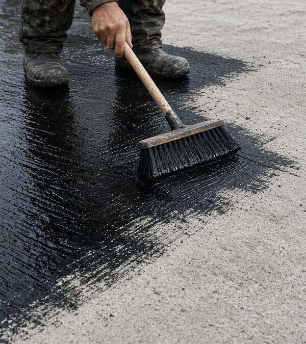 Foundation waterproofing: brushing cold bitumen emulsion over a concrete slab