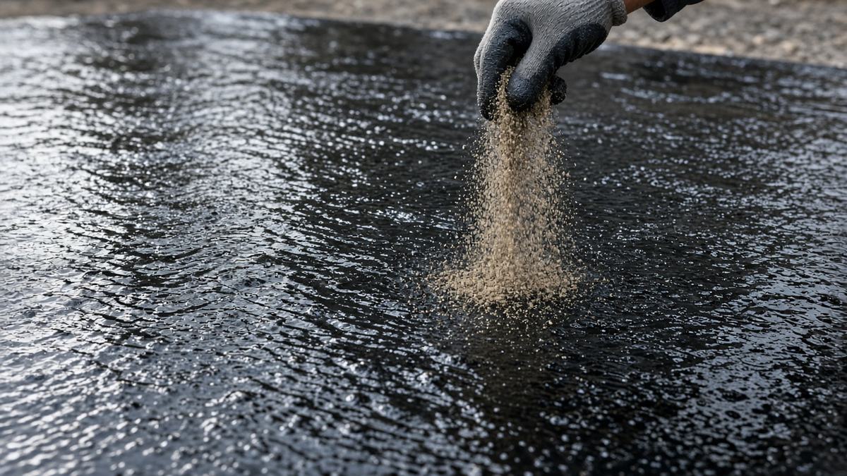 Broadcasting clean sand onto the final cold bitumen coat during foundation waterproofing