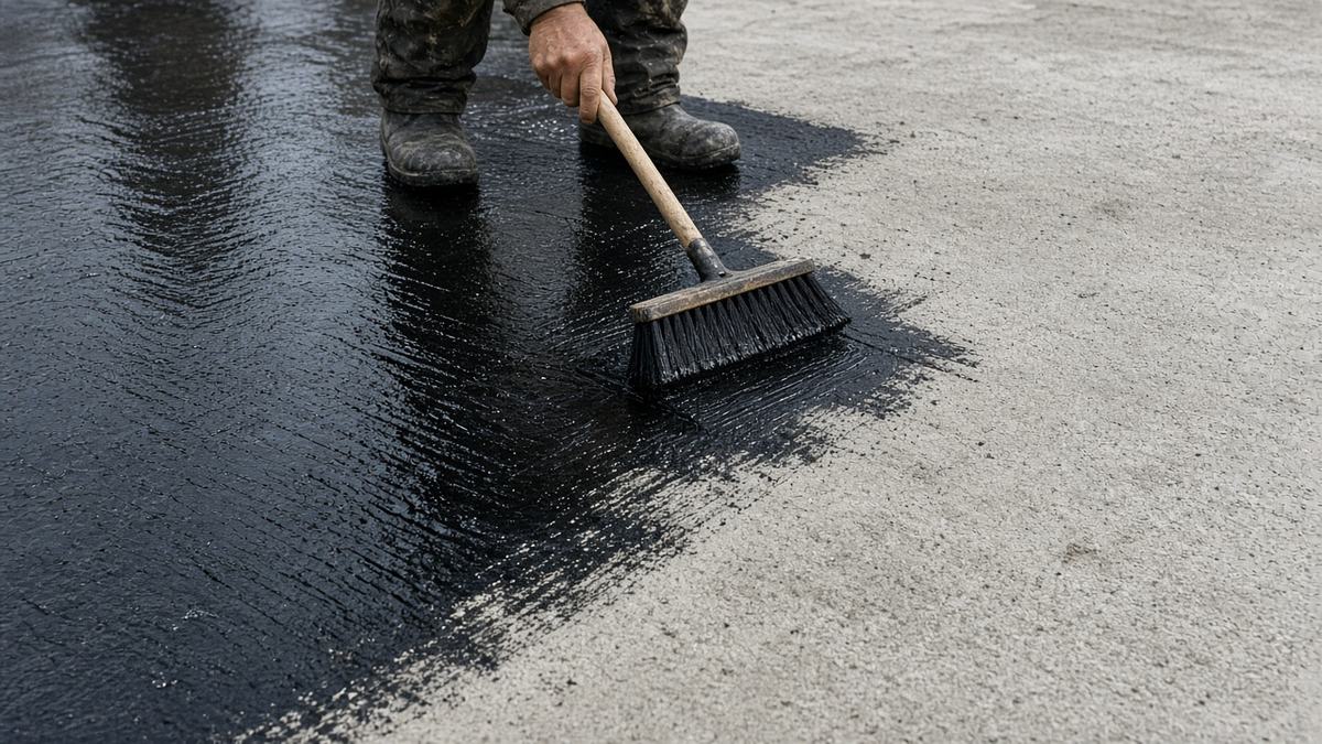 Foundation waterproofing: brushing cold bitumen emulsion over a concrete slab