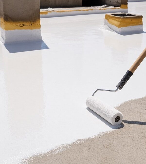Heat insulating roof coating: white reflective coat rolled onto a concrete roof