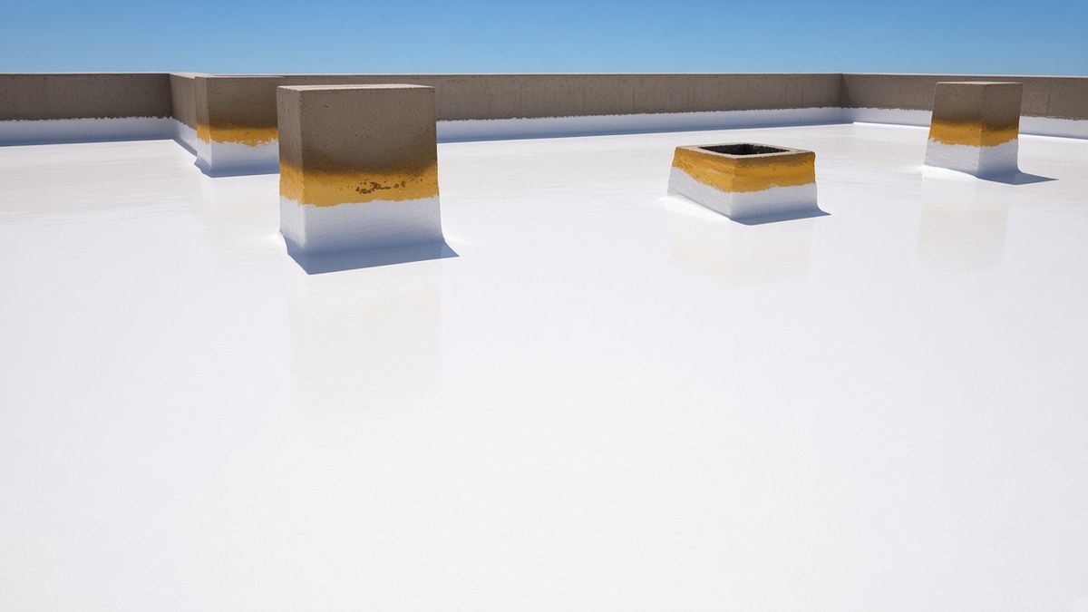 Concrete roof after a white heat insulating roof coating, applied around bases and openings