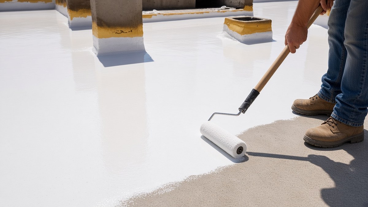 Heat insulating roof coating: white reflective coat rolled onto a concrete roof
