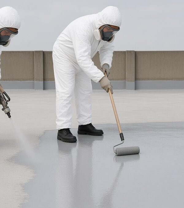 Liquid roof waterproofing: two applicators spraying and rolling a grey polyurethane membrane on a concrete roof
