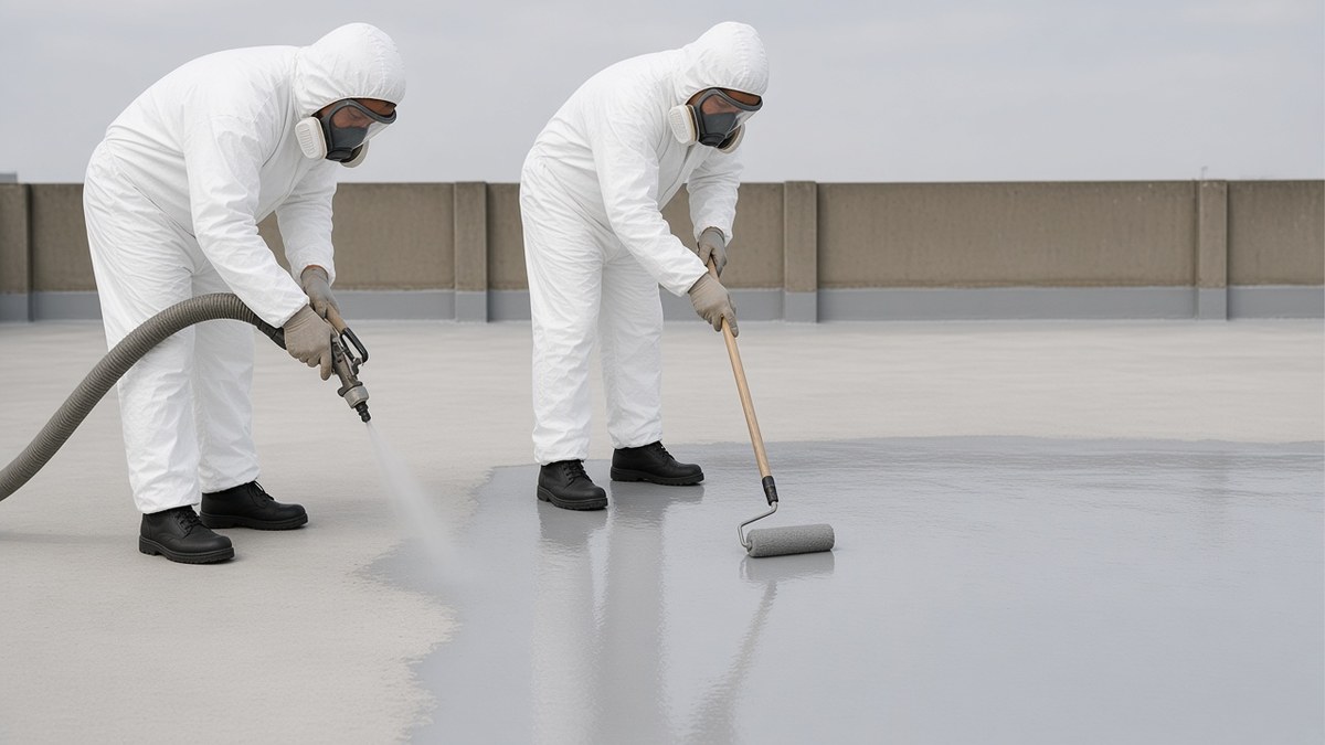 Liquid roof waterproofing: two applicators spraying and rolling a grey polyurethane membrane on a concrete roof