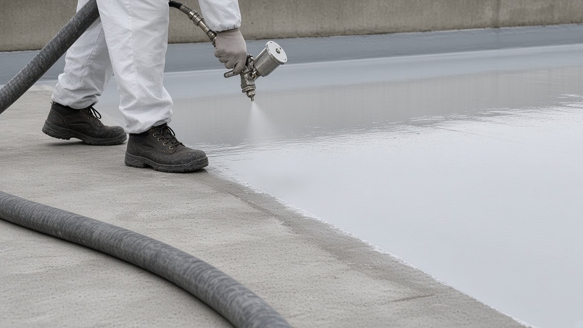 Spraying a grey polyurethane membrane during liquid roof waterproofing
