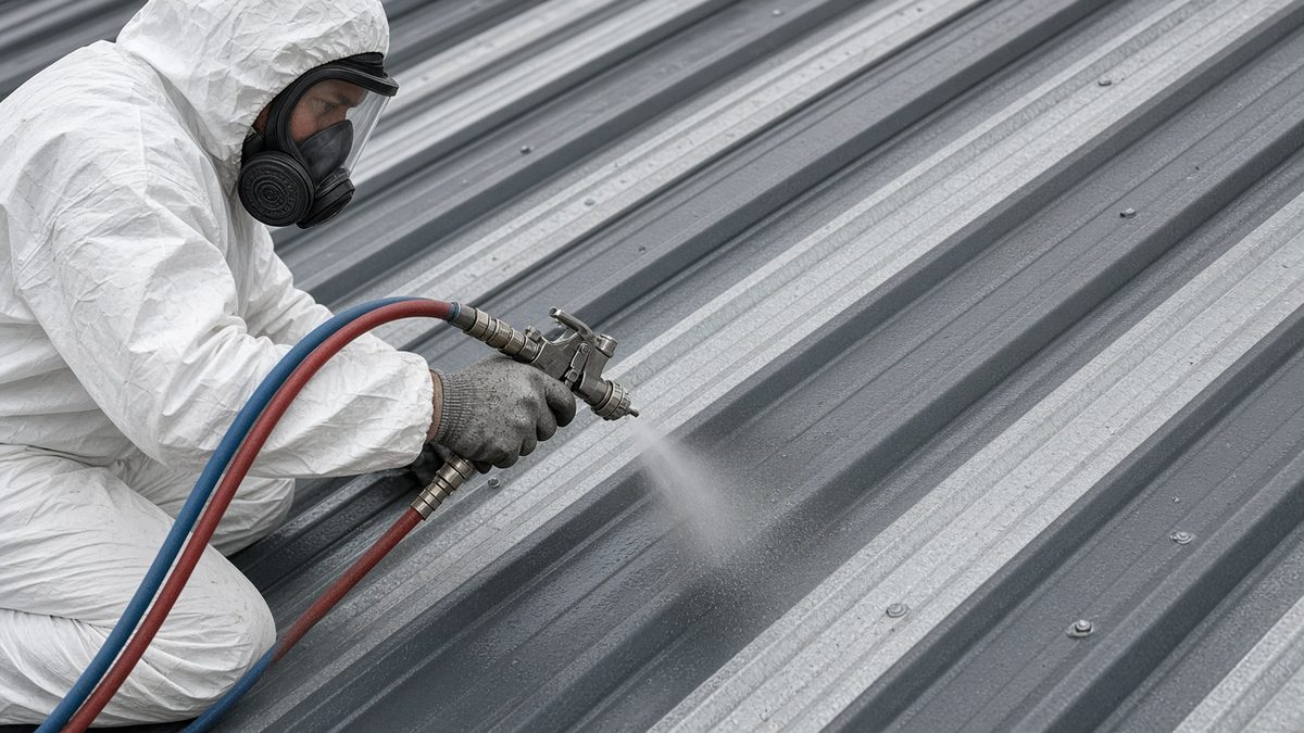 Spraying a membrane for metal roof waterproofing with a plural-component gun