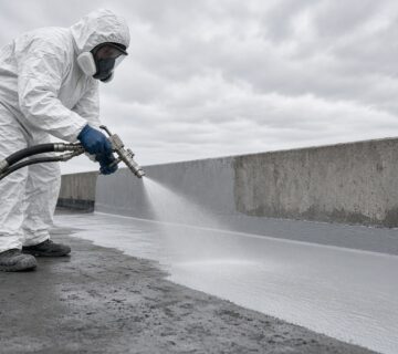 Polyurea roof waterproofing cost depends on the method: applicator in protective gear spraying polyurea on a concrete roof with a hot plural-component gun