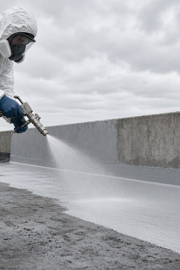 Polyurea roof waterproofing cost depends on the method: applicator in protective gear spraying polyurea on a concrete roof with a hot plural-component gun