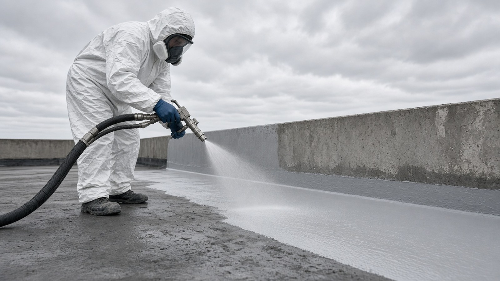 Polyurea roof waterproofing cost depends on the method: applicator in protective gear spraying polyurea on a concrete roof with a hot plural-component gun